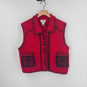 Vintage‎ Cambridge Dry Goods Red Boiled Wool Vest Embroidered Trim Size Large